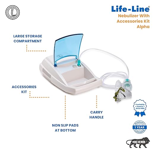 alpha 2 LIFE LINE ALPHA Compressor Nebulizer with Complete Mask Kit for Kids and Adults | Nebuliser with Storage Compartment | Low-noise Nebulizing Machine with 2 Masks & 5 Filters