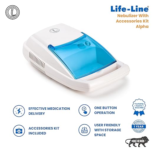 alpha 3 LIFE LINE ALPHA Compressor Nebulizer with Complete Mask Kit for Kids and Adults | Nebuliser with Storage Compartment | Low-noise Nebulizing Machine with 2 Masks & 5 Filters