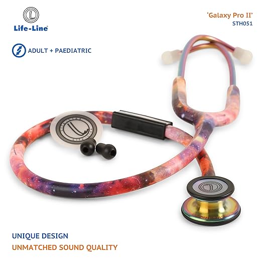 2 LIFE LINE 'GALAXY PRO II' Stethoscope (Rainbow Finish) | Dual Side Diaphragm Chest Piece for Adult and Pediatric | Suitable for Doctors and Students