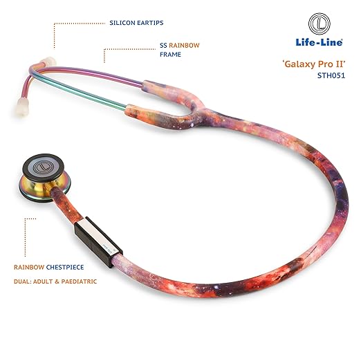 3 LIFE LINE 'GALAXY PRO II' Stethoscope (Rainbow Finish) | Dual Side Diaphragm Chest Piece for Adult and Pediatric | Suitable for Doctors and Students
