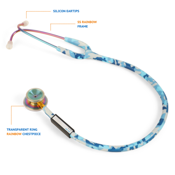 4 LIFE LINE 'VICTORY BLUE' Stethoscope (Blue Camo with Rainbow Finish) | Single Diaphragm Chest Piece for Adults | Suitable for Doctors and Students