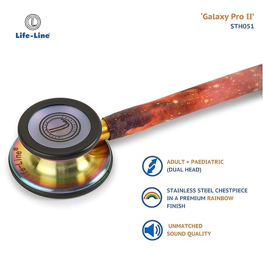 5 LIFE LINE 'GALAXY PRO II' Stethoscope (Rainbow Finish) | Dual Side Diaphragm Chest Piece for Adult and Pediatric | Suitable for Doctors and Students