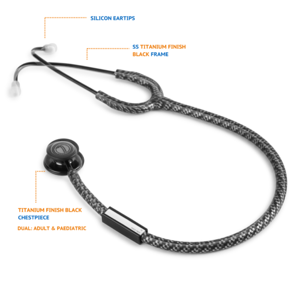 LIFE LINE 'MIDNIGHT CARBON II' Stethoscope (Black Titanium Finish) | Dual Side Diaphragm Chest Piece for Adult and Pediatric | Suitable for Doctors and Students