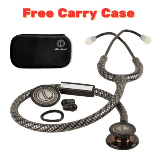 LIFE LINE 'MIDNIGHT CARBON II' Stethoscope (Black Titanium Finish) | Dual Side Diaphragm Chest Piece for Adult and Pediatric | Suitable for Doctors and Students