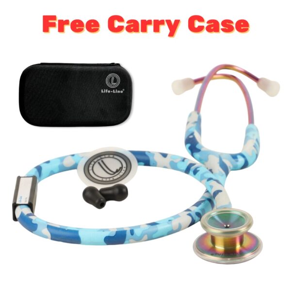 Free-Carry-Case-4 LIFE LINE 'VICTORY BLUE' Stethoscope (Blue Camo with Rainbow Finish) | Single Diaphragm Chest Piece for Adults | Suitable for Doctors and Students