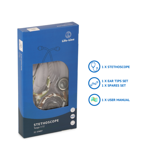 LIFE LINE 'RANGER II SS' Stethoscope (Green Camo and Stainless Steel) | Dual Side Diaphragm Chest Piece for Adult and Pediatric | Suitable for Doctors and Students