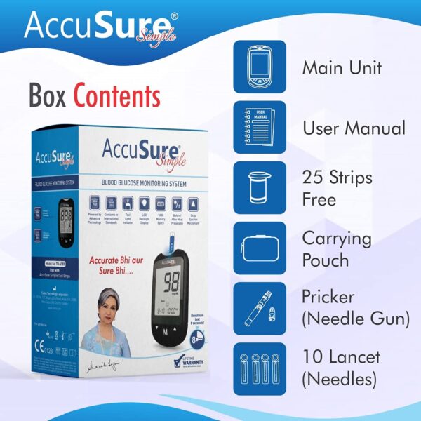 Accusure Simple with 25 strip-2 AccuSure Simple Glucometer Kit |with 25 Strips,10 Lancet,1 Lancing device for Accurate Blood Glucose Sugar Testing Machine