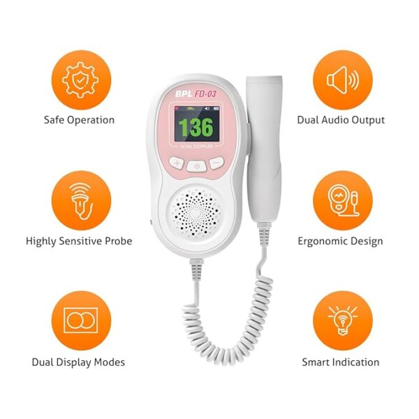 BPL Medical Technologies FD-03 Fetal Doppler Smart Noise Reduction & Heartbeat Detection Machine with in-Built Speaker for Home and Clinic Use - Pink & White