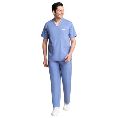 sky blue Kifzi Antimicrobial Lycra 5 Pocket men Scrubs suit